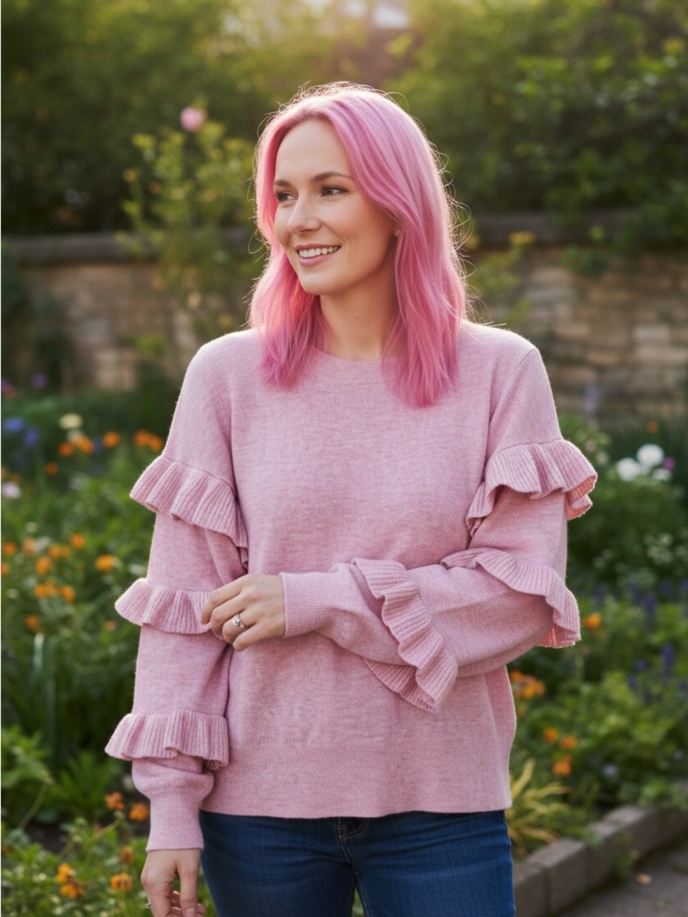 J. Crew Ruffle Sleeve Pink Sweater Size Medium
